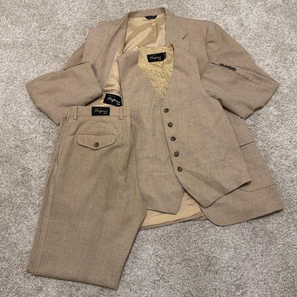 Rare 70s Vintage Levi's‎ Panatela Preferred 3-Piece Suit | Tan Micro Check | 42R